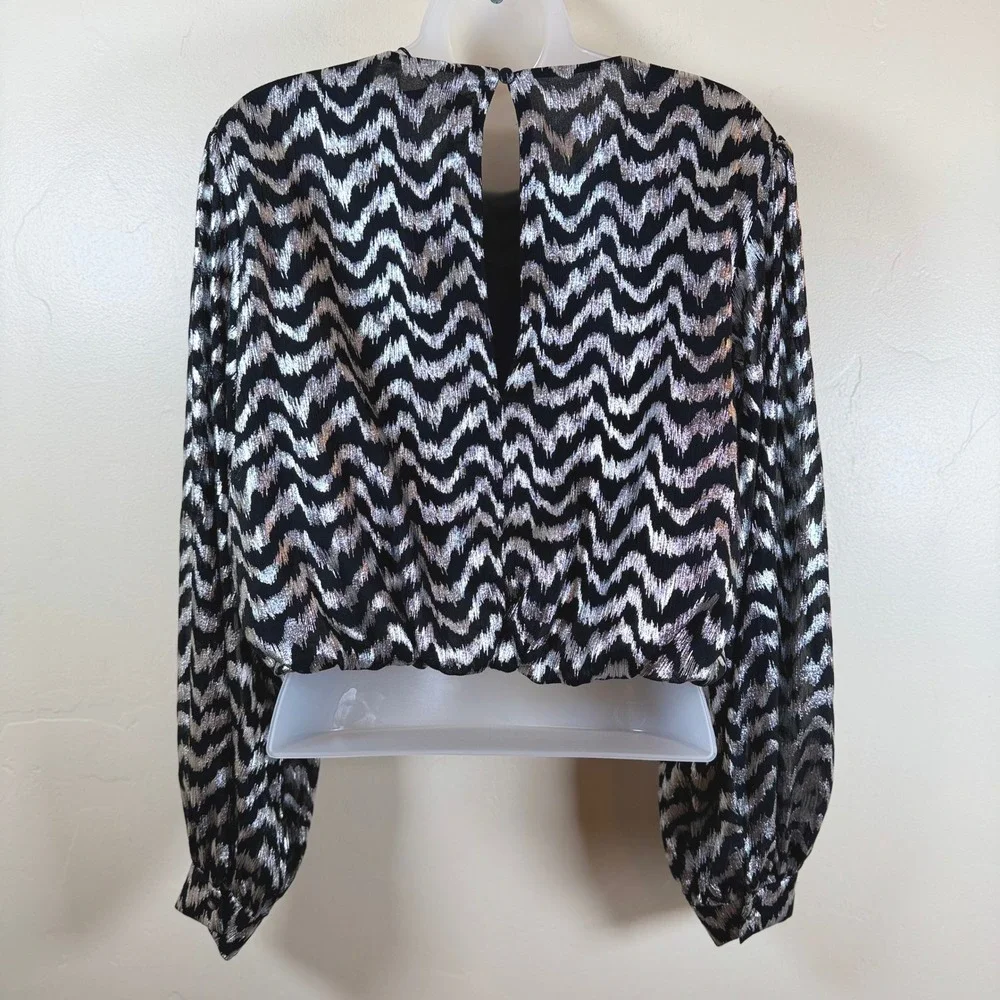 Zara Metallic Chevron Crop Top Women Small Black Silver Sparkle Party Whimsigoth